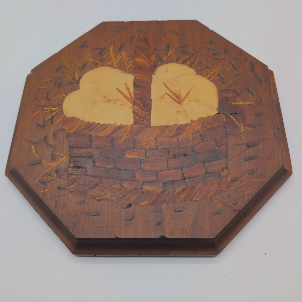 Octogon Wooden Wall Art with Bread Basket Design Cool Vintage Backing Paper